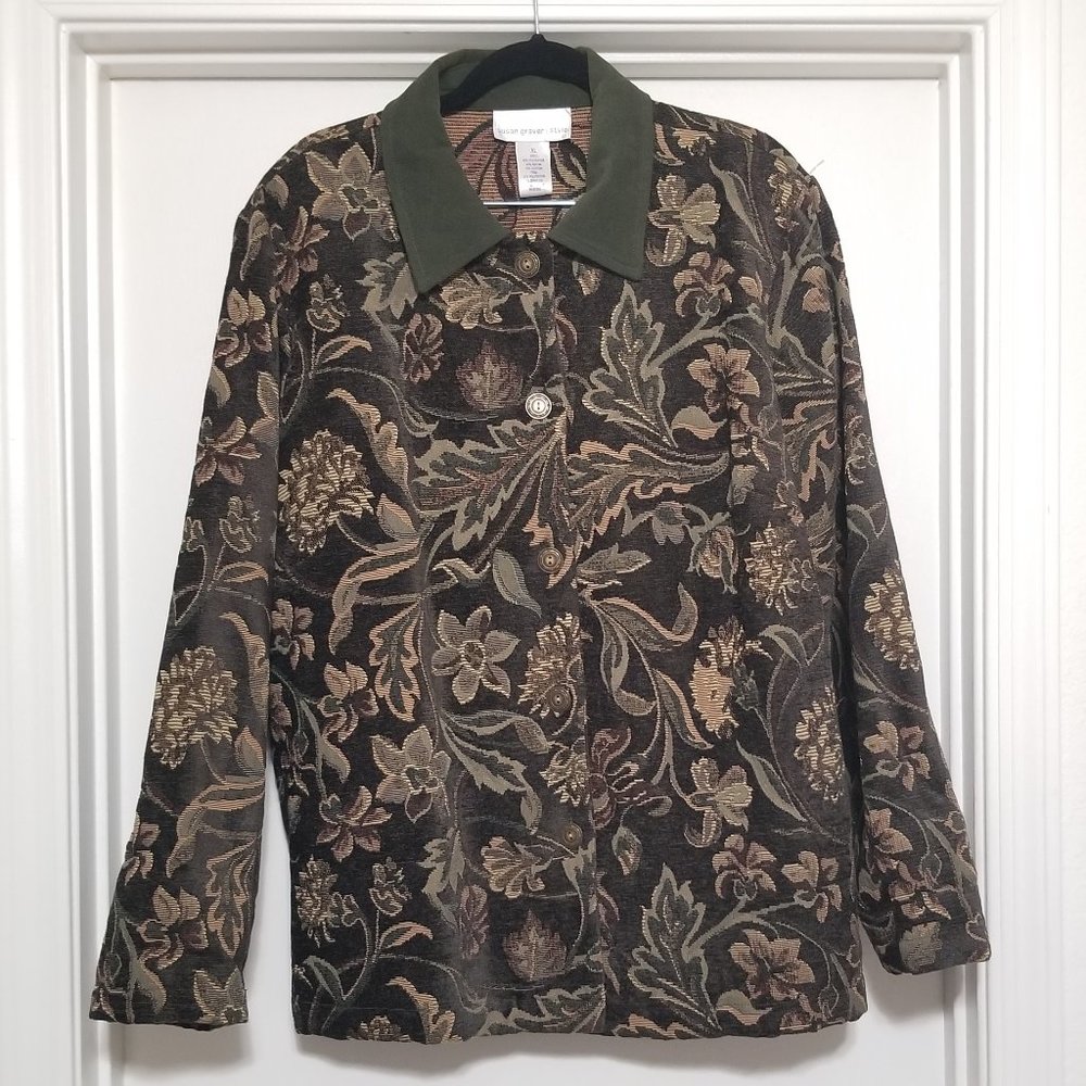 SUSAN GRAVER Tapestry Jacquard Jacket w/Olive Moleskin Collar Size XL (18-20)